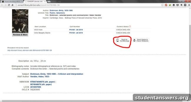 Screenshot of a library database showing the 'Send via Text Message' option.