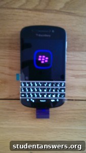 A front view of the BlackBerry Q10 showcasing its physical keyboard and square screen.