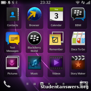 Screenshot of the BlackBerry 10 OS interface on the Q10, showing the app grid.