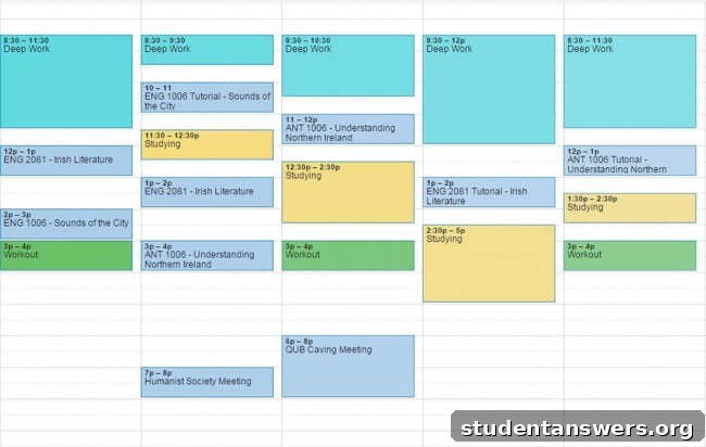 A screenshot of a digital calendar with blocks of time scheduled for 'Deep Work' in the morning.