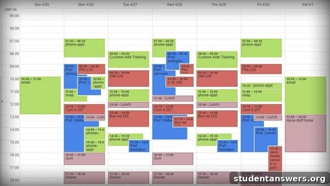 A student's color-coded weekly Google Calendar view