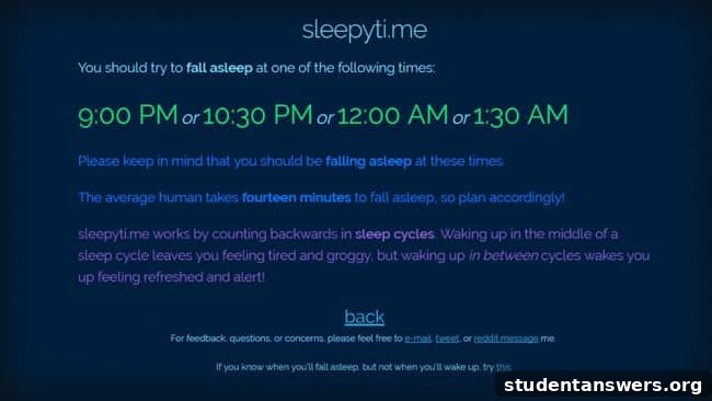 Screenshot of a sleep calculator showing recommended bedtimes.