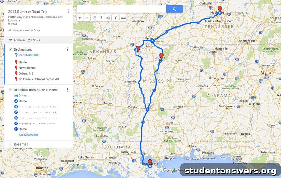 Example of a planned road trip route using Google My Maps