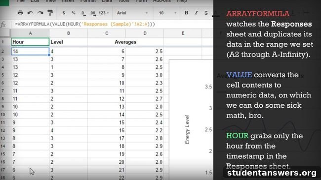 Screenshot of a Google Sheet showing the ARRAYFORMULA function being used to process data.
