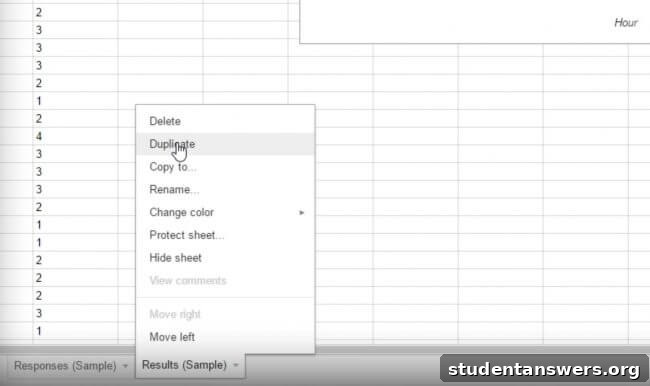 Screenshot showing how to duplicate a sheet in Google Sheets.