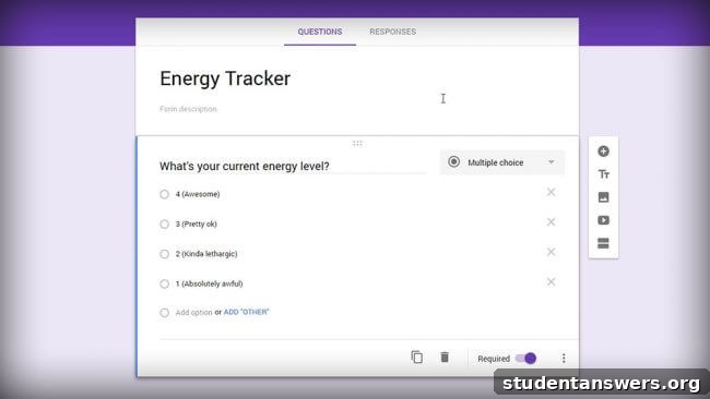 Screenshot of a Google Form being created with a single question about energy level.