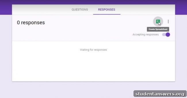 Screenshot showing the 'Create spreadsheet' icon in the Responses tab of Google Forms.