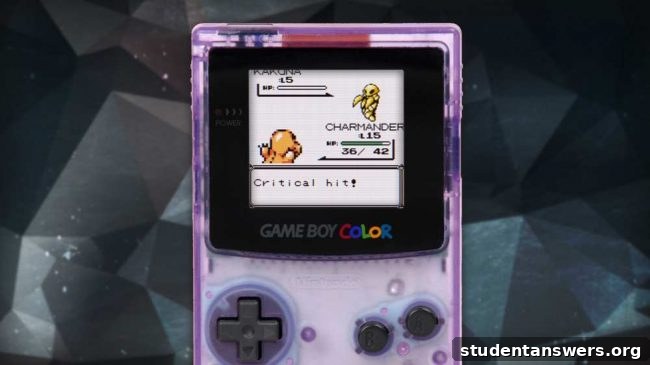 A classic handheld gaming device showing a pixelated game screen