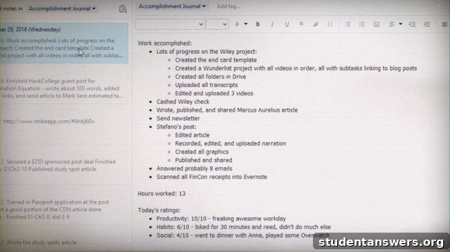 A digital note showing a list of daily accomplishments