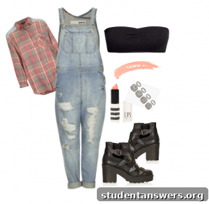A casual bandeau outfit idea with dungarees and a plaid shirt.