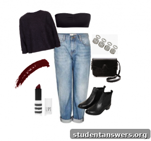 A chic shopping outfit with a bandeau top, fluffy jumper, and high-waisted pants.