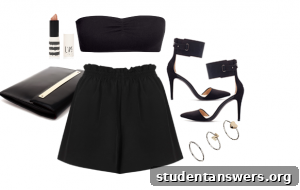 A glamorous night-out look featuring a bandeau top and stylish shorts.