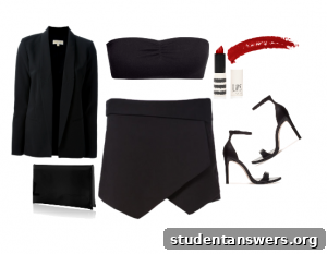 An elegant dinner outfit pairing a bandeau top with a skort and blazer.