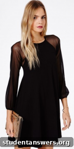 Model in a simple black jersey swing dress with long sheer sleeves