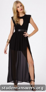 Model wearing a long black maxi dress with a keyhole detail at the neckline