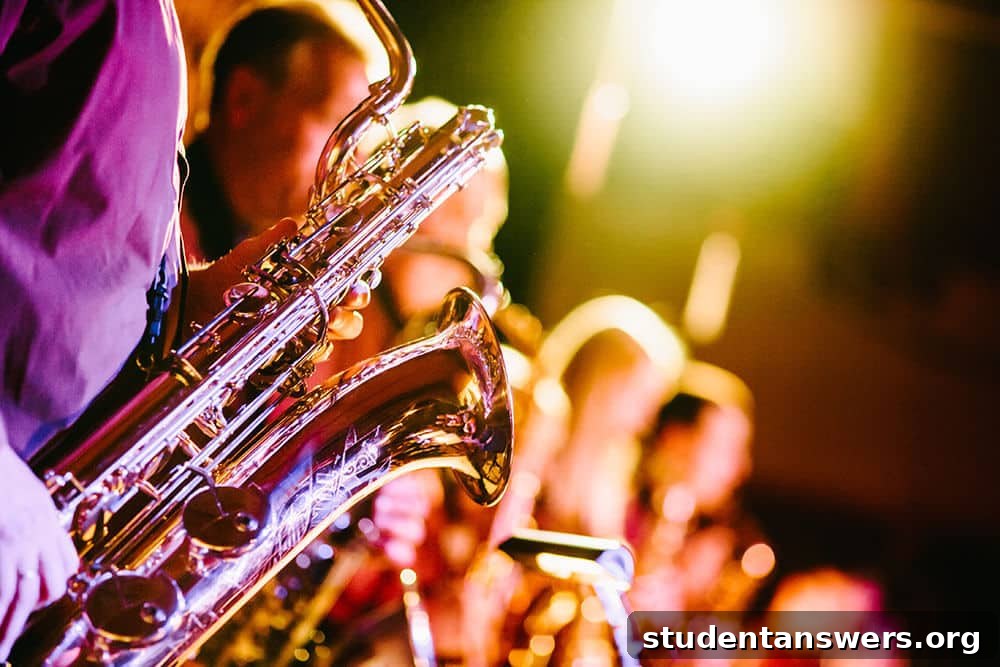 A musician passionately playing the saxophone during a performance.