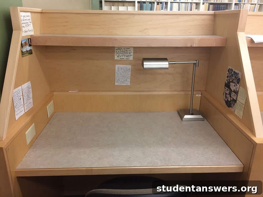 A quiet study carrel in a college library.