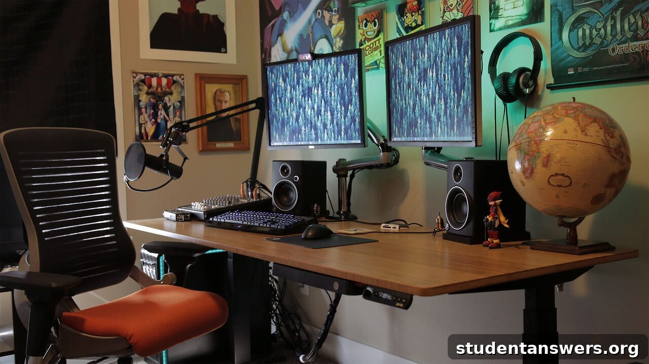 A desk with two large monitors, professional audio equipment, and controlled lighting.