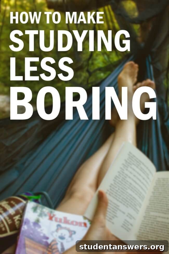 A student smiling while looking at a textbook, illustrating how to make studying fun.