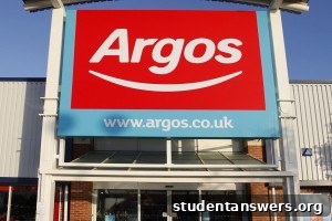 A photograph of the Argos store logo, a popular UK retailer