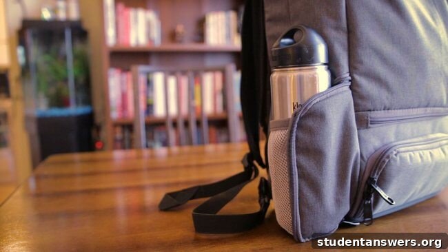 Backpack with a stainless steel water bottle in the side pocket