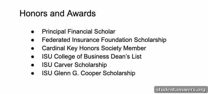 Honors and awards section on a resume.