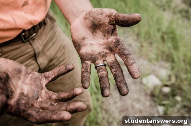 A person's hands covered in soil from gardening
