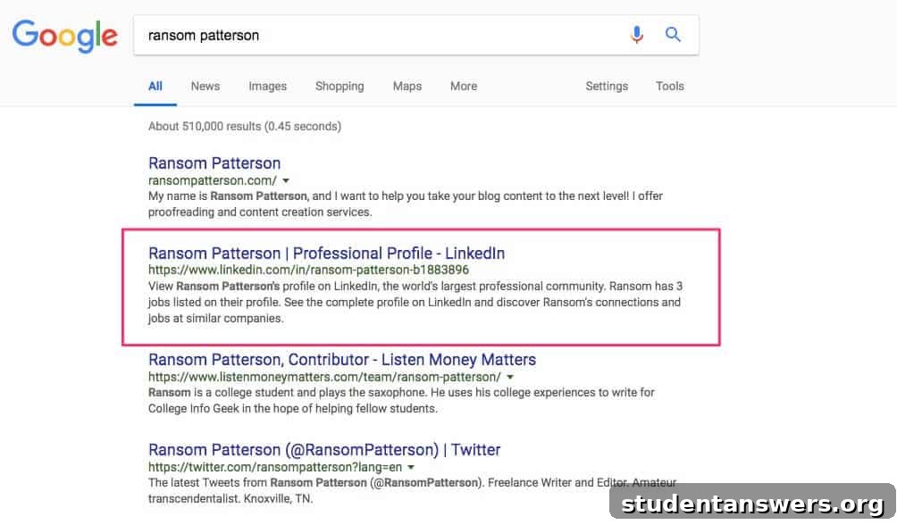 A Google search result showing a LinkedIn profile ranked highly.