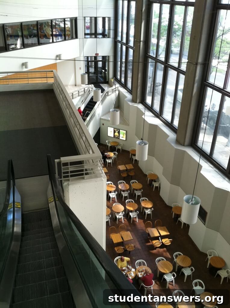 Spacious seating area in a corporate campus food court.