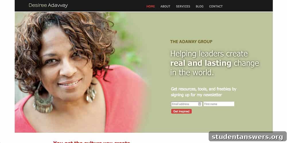 Desiree Adaway's consulting website with a prominent photo
