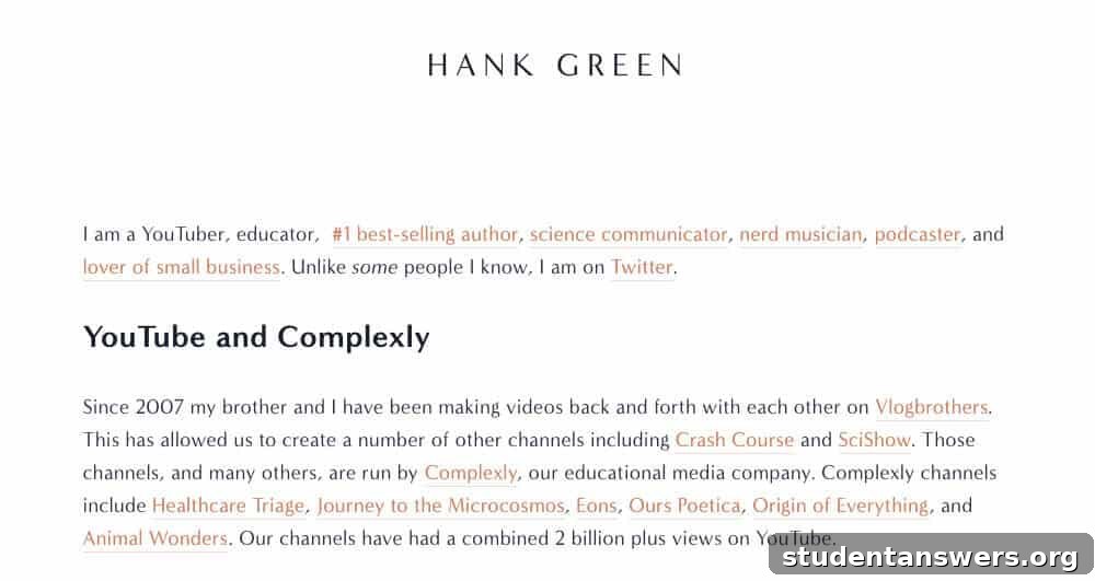 Hank Green's minimalist personal website