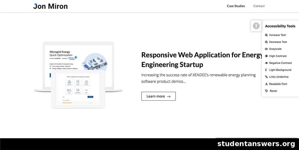 Jon Miron's design website with accessibility tools