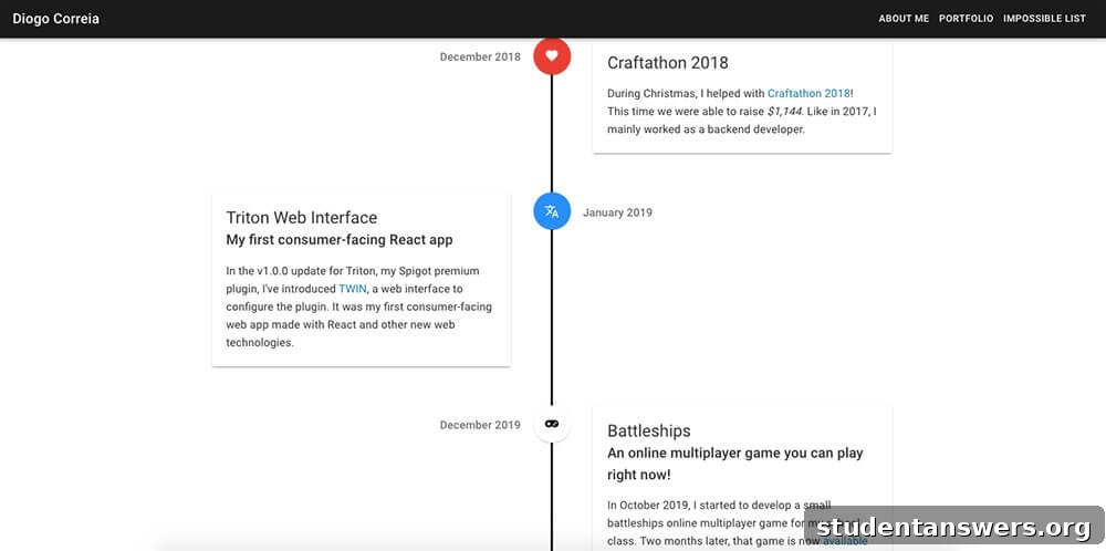 Diogo Correia's student website with timeline portfolio