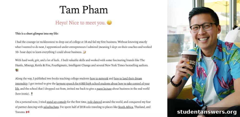 Tam Pham's personal website using emojis effectively