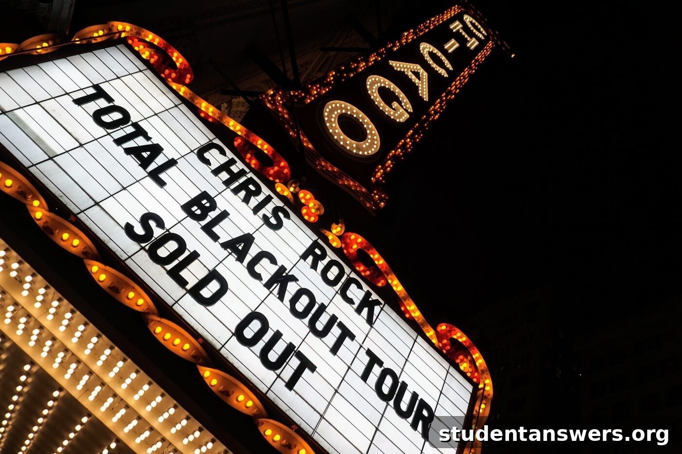 The marquee of a theater announcing a Chris Rock show, representing the power of humor.