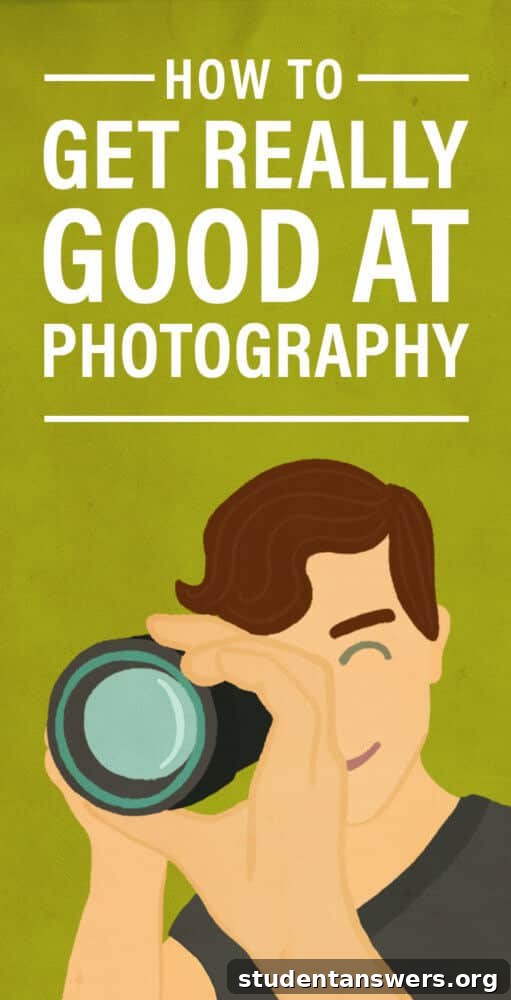 A photographer holding a camera with text overlay saying How to Get Really Good at Photography