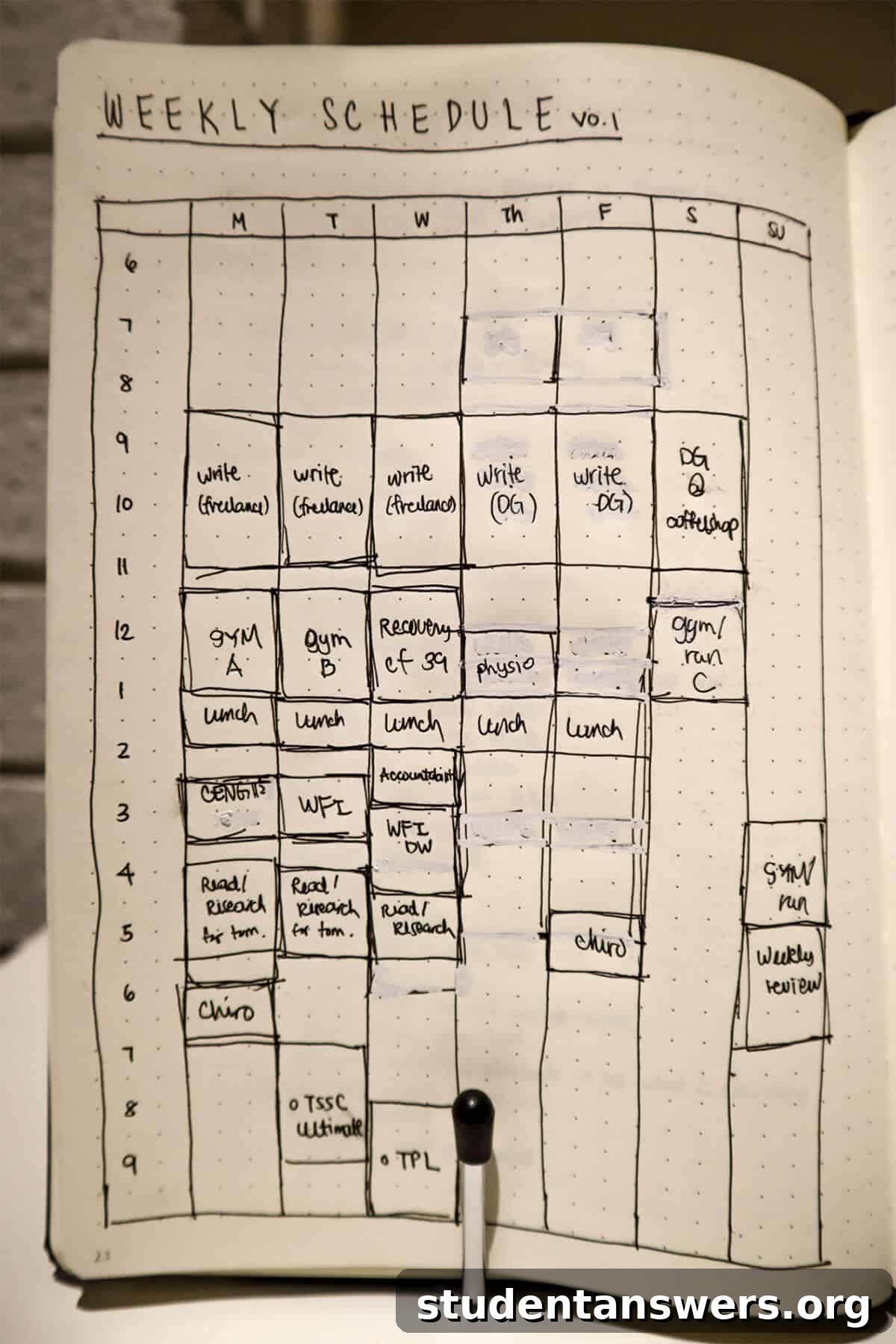 A time-blocked weekly class schedule in a Bullet Journal