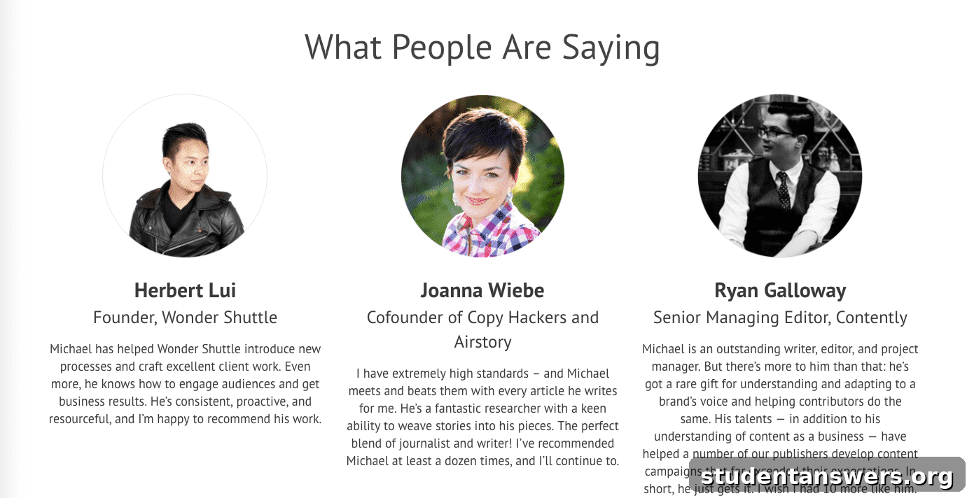 Michael Tunney's portfolio website, highlighting a prominent testimonials section.