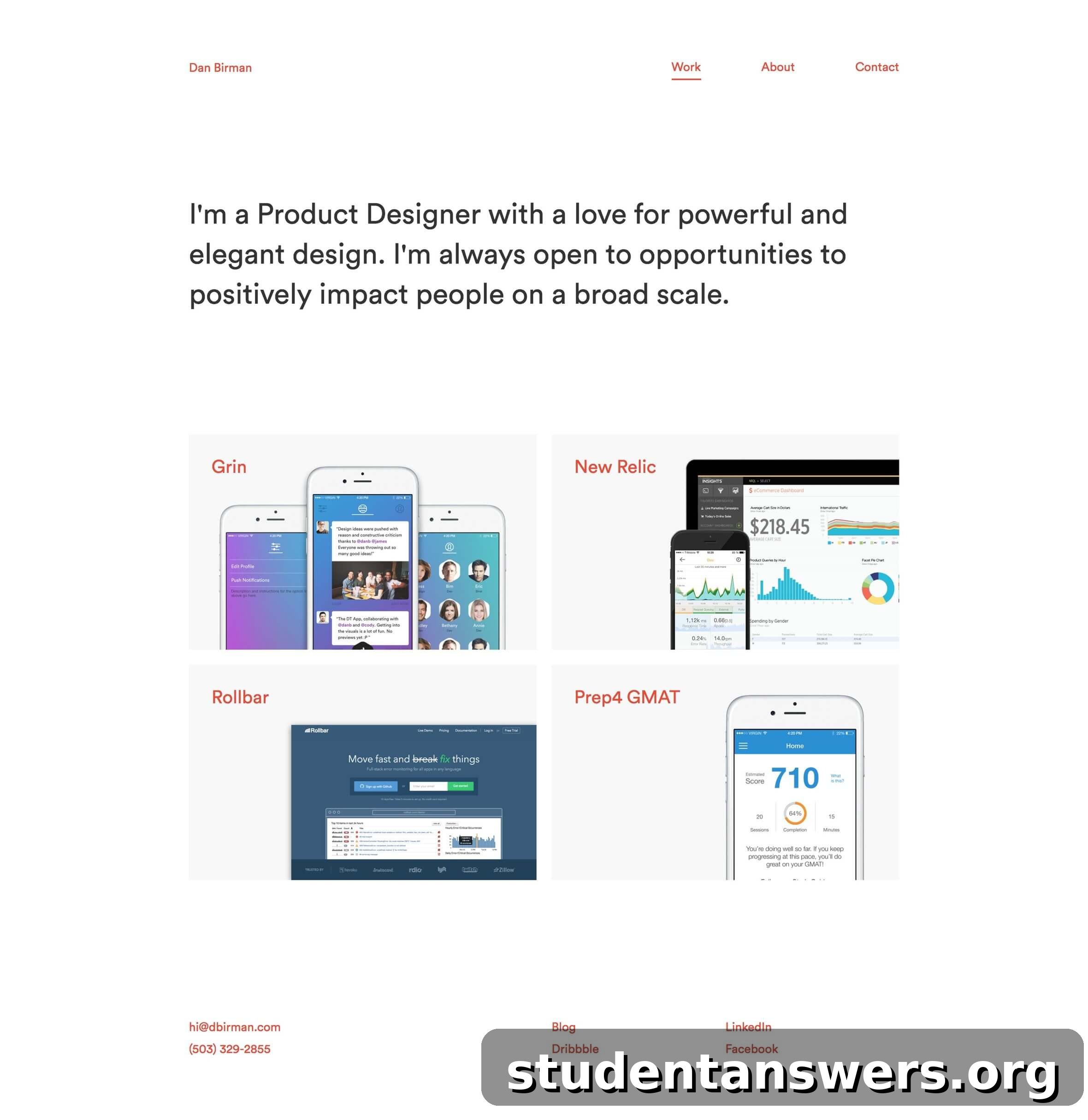 Dan Birman's minimalist product design portfolio, featuring a clean grid of projects.