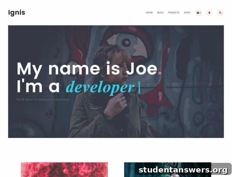 A screenshot of the Ignis WordPress theme, showing a clean design with bold typography.