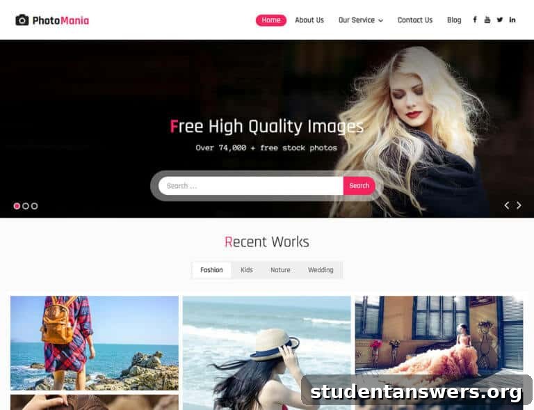 A preview of the Photomania WordPress theme, designed for photographers with a large hero image.
