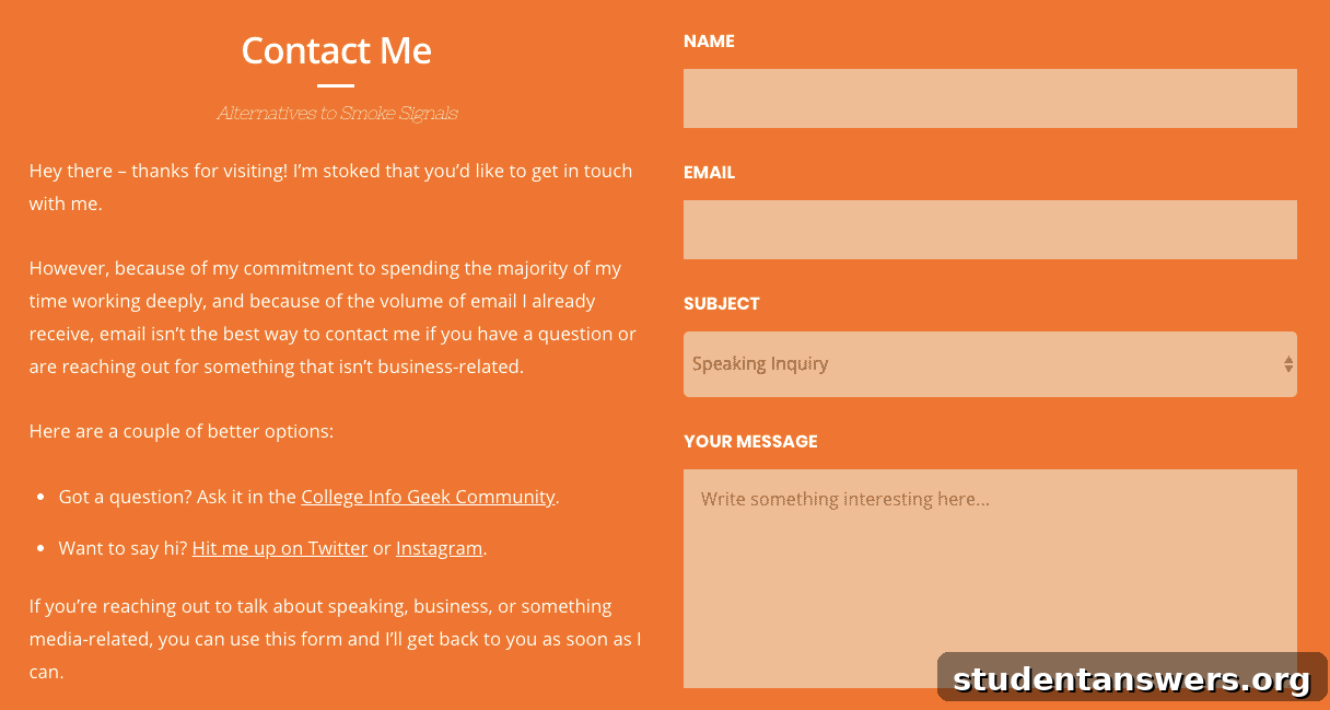Thomas Frank's clean and effective contact page on his personal website.