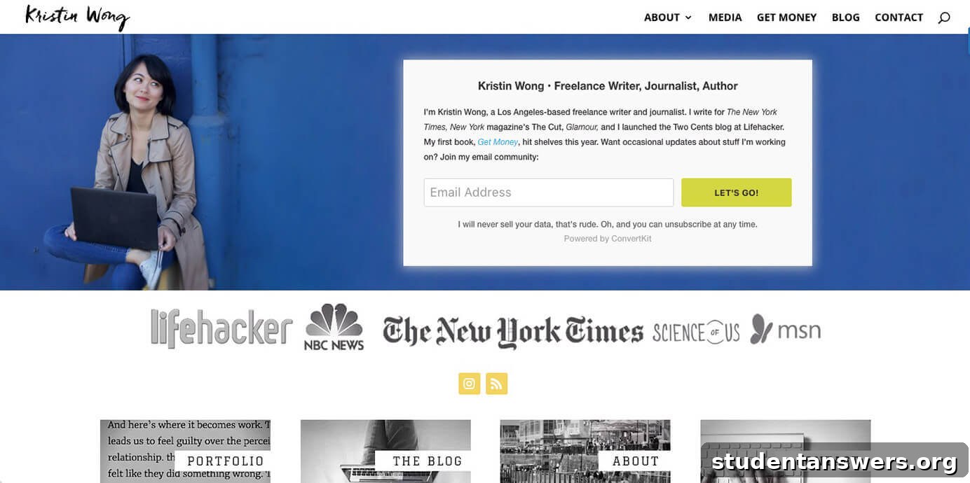 Kristin Wong's writer portfolio homepage, showing clear navigation and social proof.