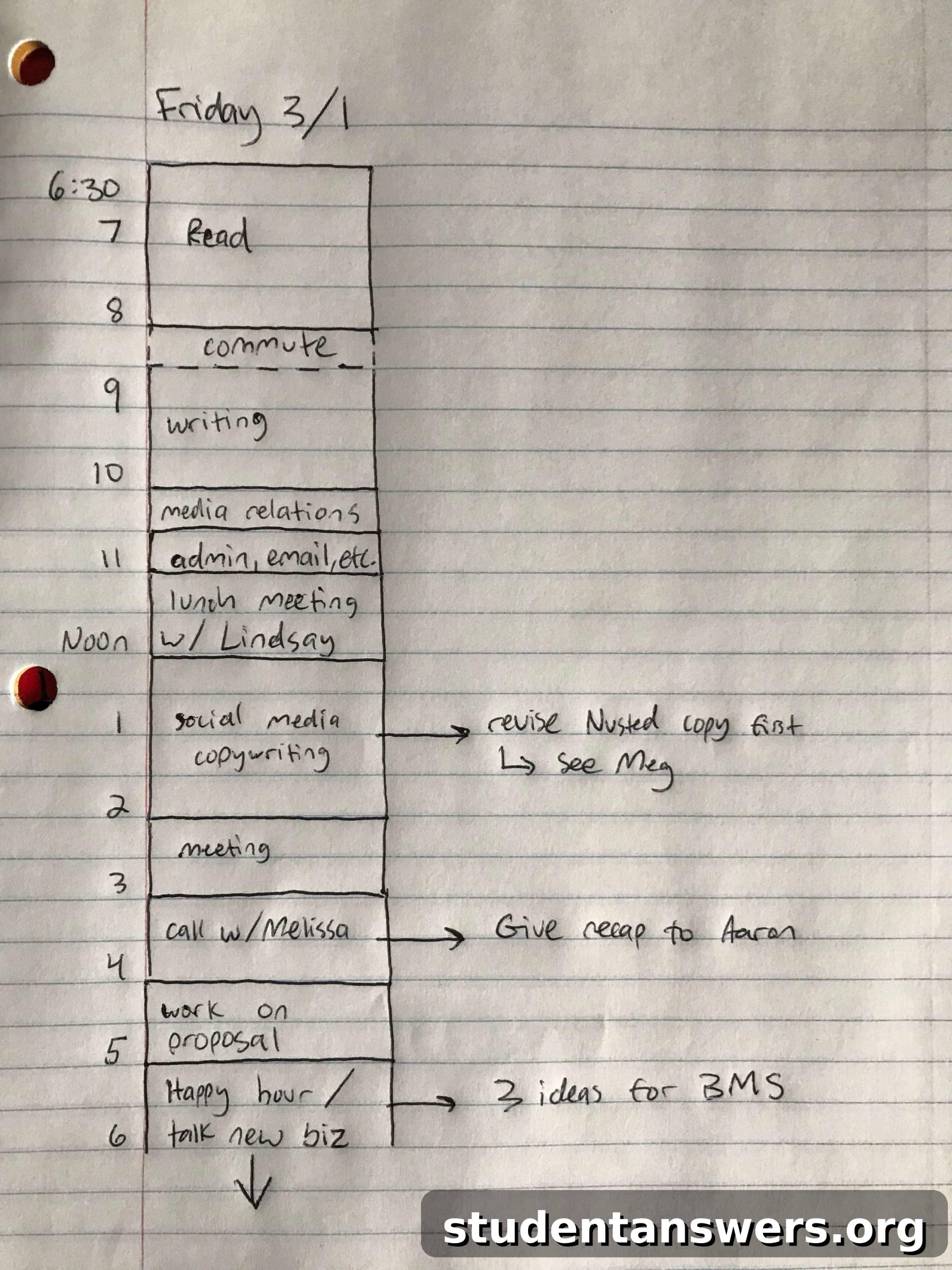 A handwritten time-blocked schedule in a notebook showing tasks assigned to specific hours.