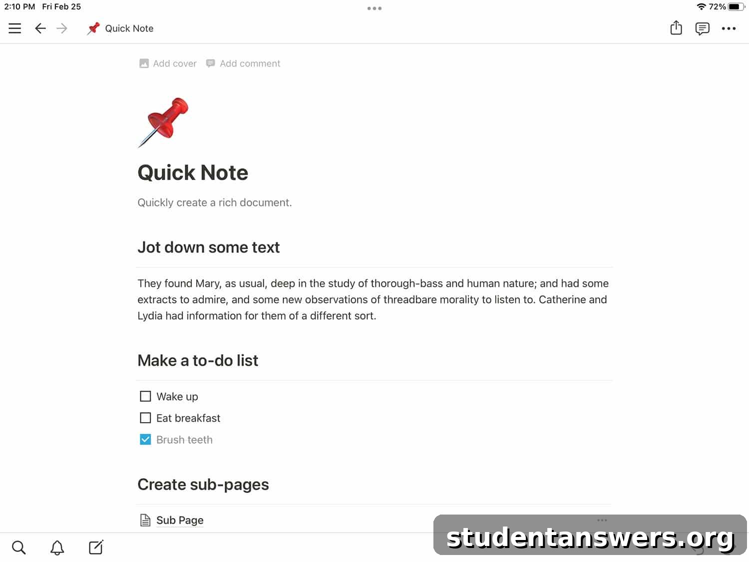 A Notion document showing paragraphs, headings, and a checklist