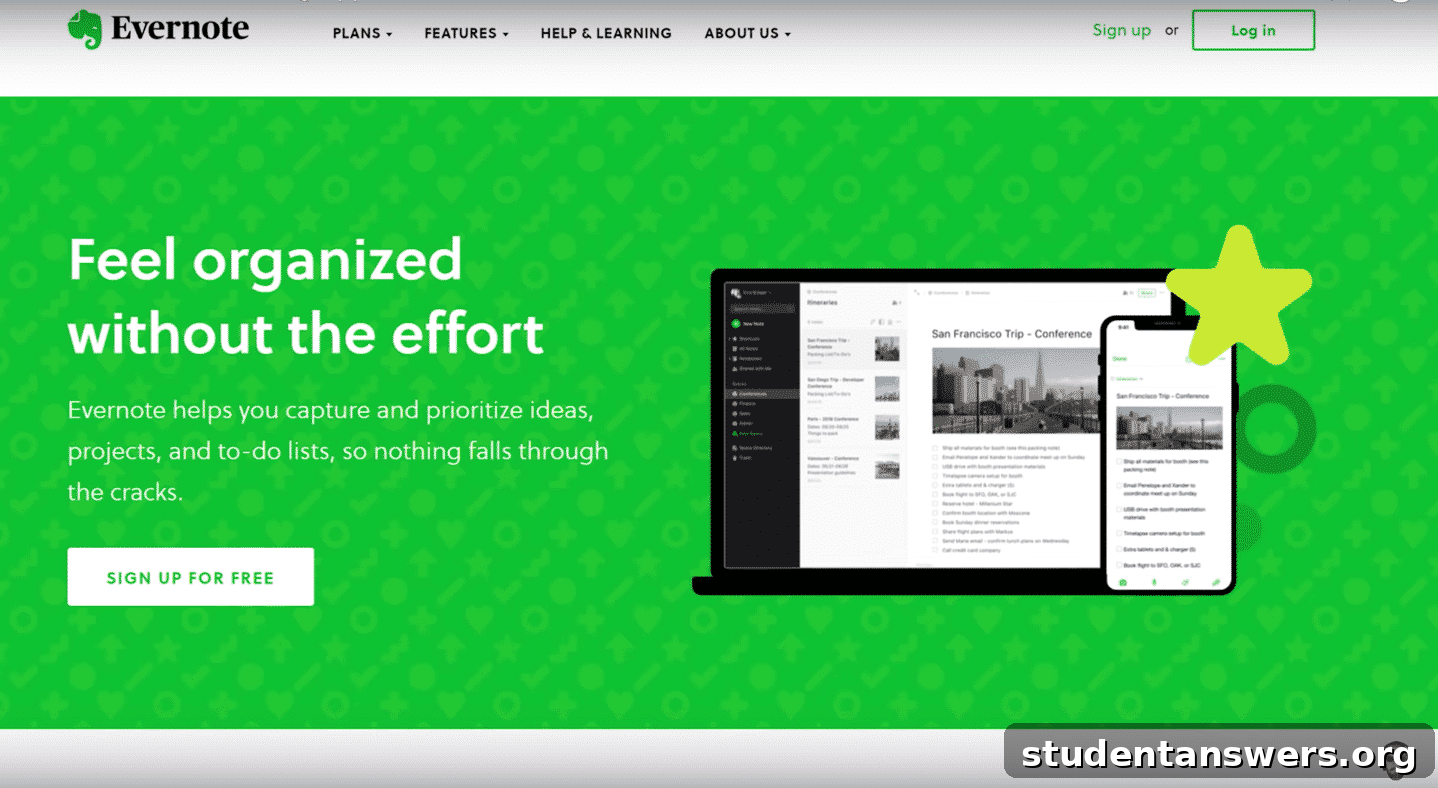 The Evernote app interface displaying various notes