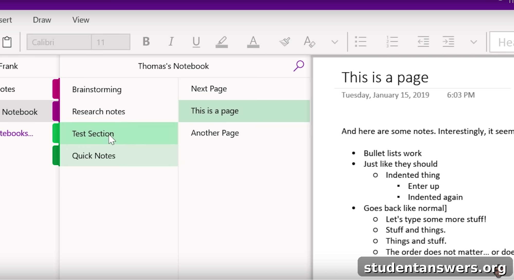 The Microsoft OneNote interface showing a digital notebook with sections and pages