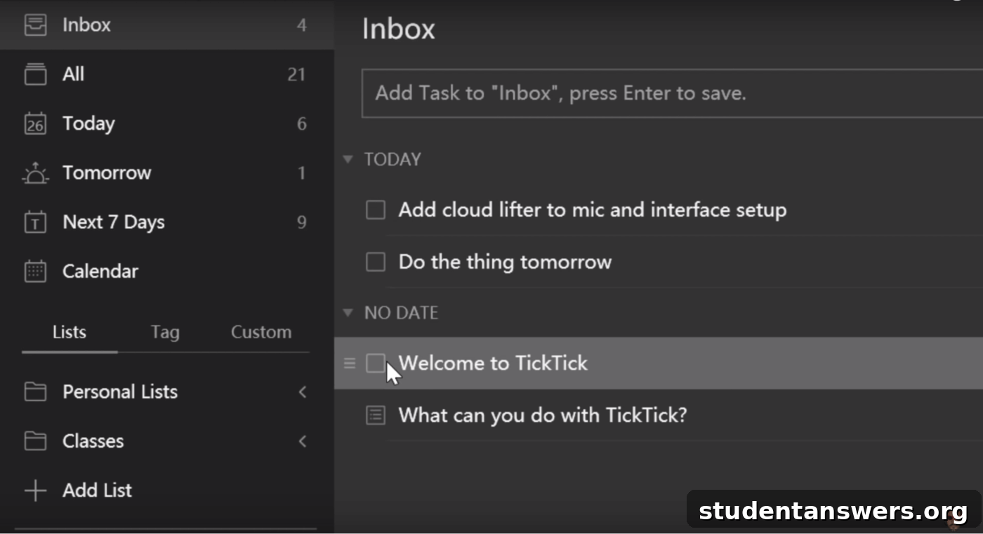 A screenshot of the TickTick task management application
