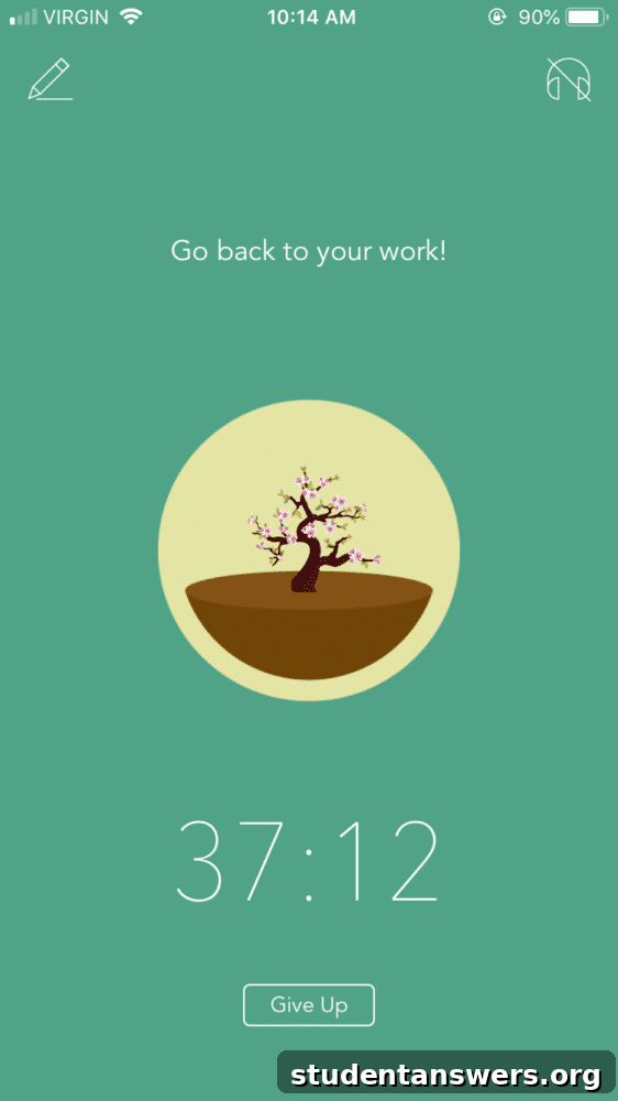 Screenshot of the Forest app interface showing a growing tree and a timer
