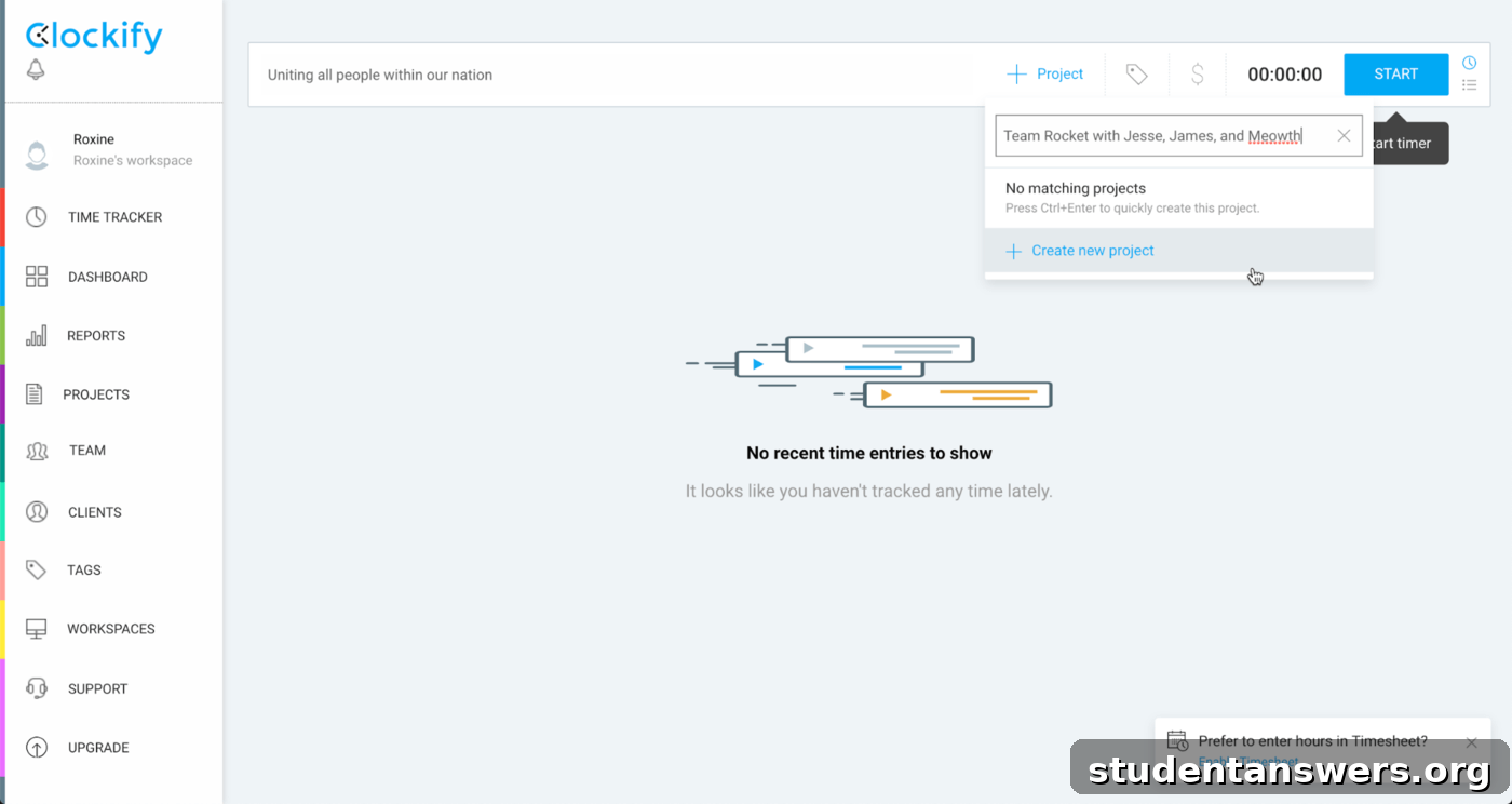 Clockify's dashboard showing team timesheets and project progress